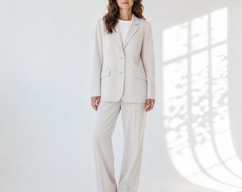 Minimalist Vintage Pant Suit Set 14 Cream Ivory Pinstripe 90s Workwear Soft
