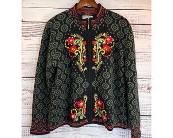Vintage Boho Scandi Bestickte Wollmischung Floral Zip Cardigan Pullover Gefüttert M