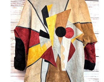 Vintage 80s Suede Leather Patchwork Jacket Fur Collar Geometric Art Earth L OOK