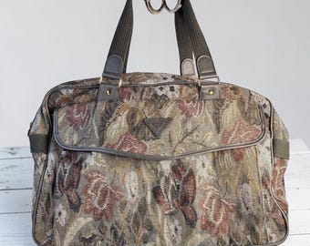 Sac de voyage vintage avec tapisserie florale des Antilles françaises, sac de voyage de fin de semaine, marron