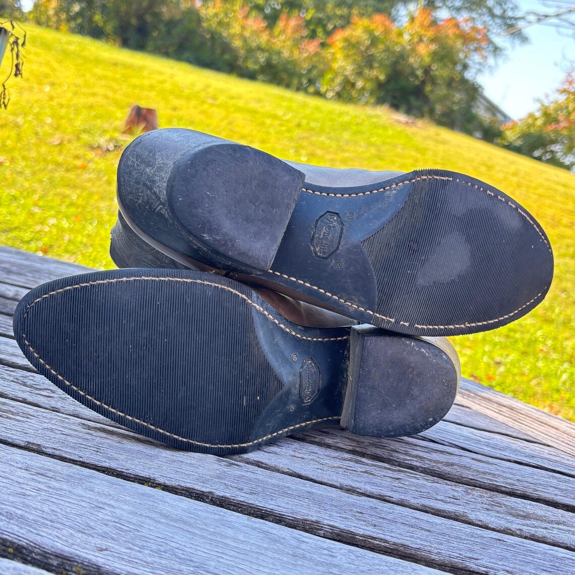 Vintage Cowboy Boots Wrangler 7.5 Brown Grey Leather Vibram Sole Dancing Heel, foto 4 di 5