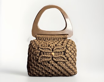 Vintage Macrame Woven Purse Brown Oversized Handles 60s 70s Retro Hippie Boho