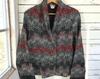 Cárdigan vintage talla S/M gris rojo mohair acrílico chevron cuello chal suave y mullido