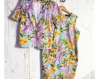 Vintage Skirt Jacket Set 18W Blue Floral Maximalist Tropical Bright Cotton Suit