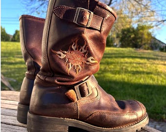 Vtg Harley-Davidson Engineer Boots Brown Distressed Embroidered Flame Moto 7.5/8