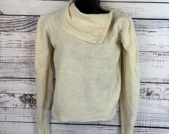 Vintage Silk/Angora Sweater M Pearl Button Cream Cowl Turtleneck Puff Shoulder