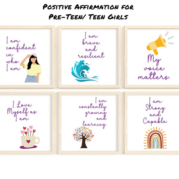 6 Positive Affirmations for Teenager Girls  Kids Daily Motivation Wall Art Pre Teen  Wall Art Printable Room Decoration Boho Theme