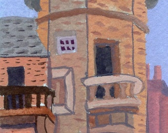 May include: A watercolor painting of a brick building with a domed roof. The building has two balconies and a window with a red frame. The building is painted in shades of brown, orange, and purple.