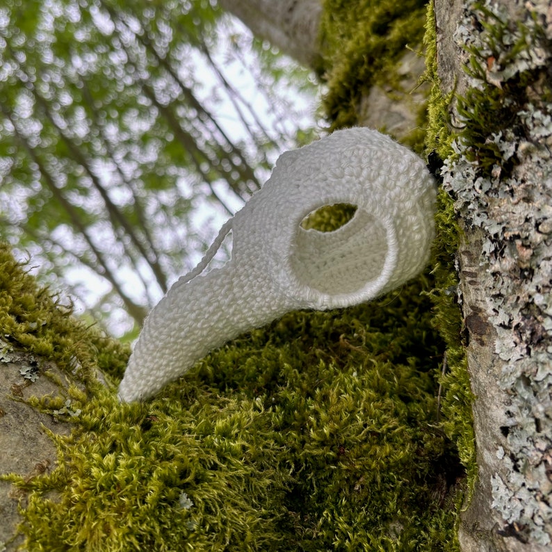 May include: A white crocheted sculpture resembling a bird's beak or a mask, hanging from a tree branch covered in moss.
