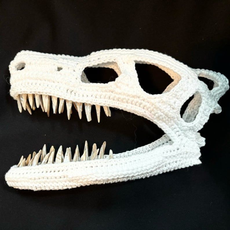 May include: White crocheted dinosaur skull with a toothy grin. The skull is made of white yarn and has a detailed crocheted design.