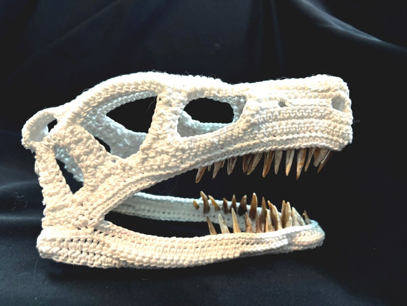 May include: White crocheted dinosaur skull with a toothy grin. The skull is made of white yarn and has a detailed crocheted design.
