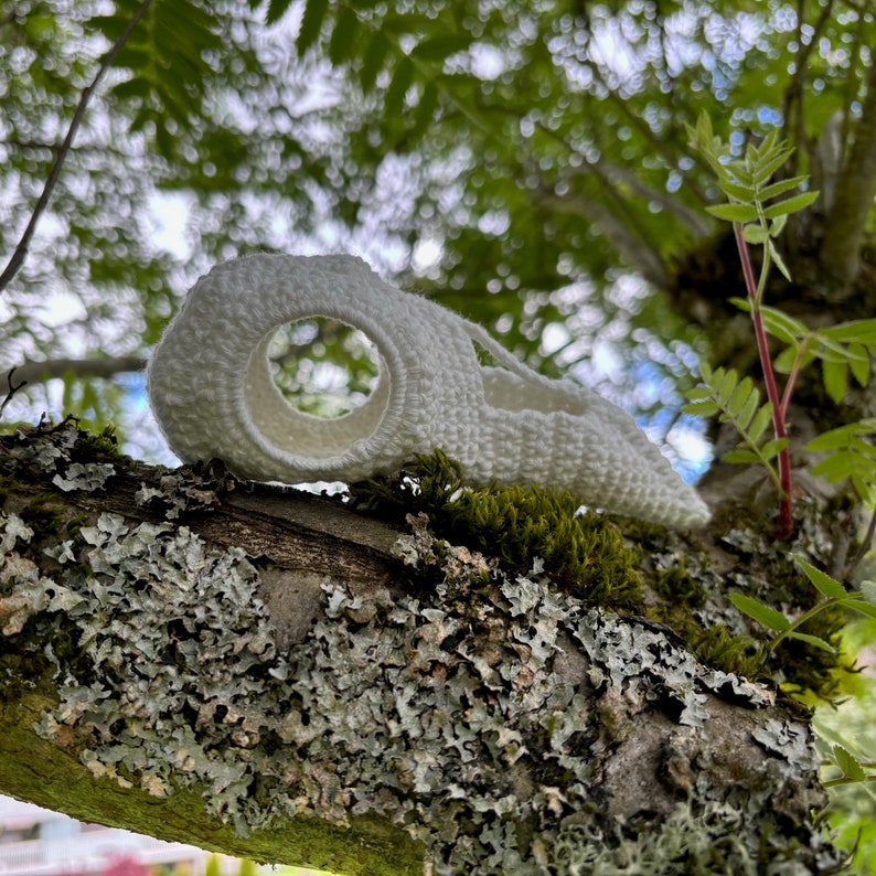 May include: White crocheted bird skull resting on a tree branch covered in lichen. The skull has a large hole in the center.