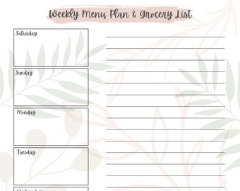 Printable Saturday Start Weekly Menu Plan & Grocery List - Boho