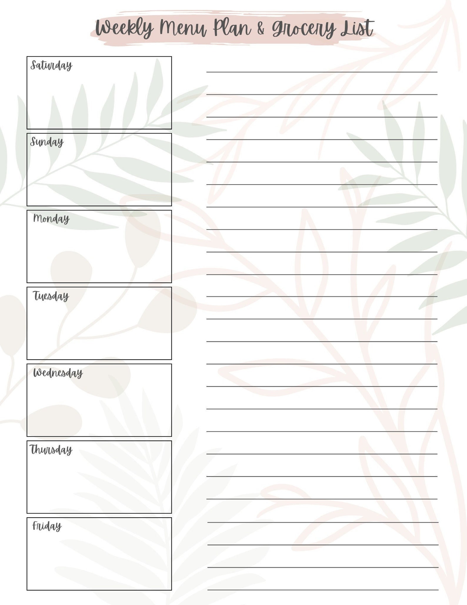 Simple Saturday Menu Printable Saturday Start Weekly Menu Plan & Grocery List - Boho - Etsy