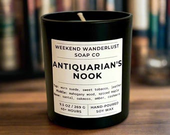 ANTIQUARIAN'S NOOK Soy Wax Candle in 10oz Black Ceramic Jar with Lid | Autumn Candle | Gift | Gifts | Halloween | Dark Academia