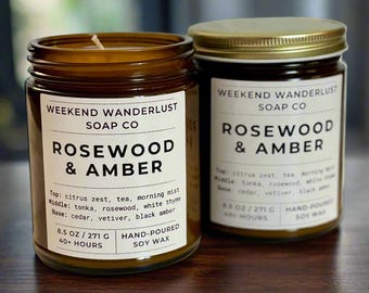 Choose your Scent | Soy Wax Candle in 9oz Glass Jar with Lid | Amber Glass Candle | Gift |