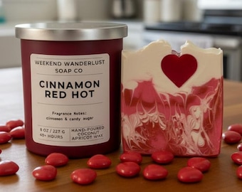 Cinnamon Red Hot GIFT SET | Coconut Apricot Wax Candle | Heart Soap | Glass Jar with Lid | Cinnamon Candle | Gift | Gifts