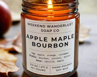 APPLE MAPLE BOURBON Soy Wax Candle in 9oz Glass Jar with Lid | Fall Candle | Gift | Gifts | Halloween