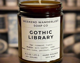 GOTHIC LIBRARY Soy Wax Candle in 9oz Glass Jar with Lid | Autumn Candle | Gift | Gifts | Halloween | Dark Academia