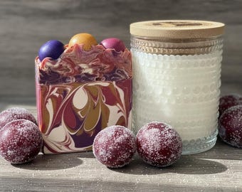 Sugar Plum Fairy GIFT SET | Coconut Apricot Wax Candle | Sugar Plum Soap | Glass Jar with Bamboo Lid | Sugar Plum Candle | Gift | Gifts