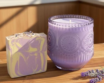 Lavender Lemonade GIFT SET | Coconut Apricot Wax Candle | Lavender Lemonade | Glass Jar with Bamboo Lid | Soap & Candle | Gift | Gifts