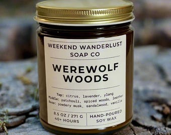 WEREWOLF WOODS Soy Wax Candle in 9oz Glass Jar with Lid | Masculine Candle | Gift | Gifts | Halloween