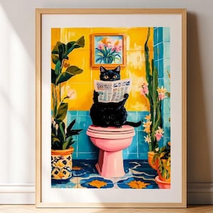 トイレの黒猫のプリント、猫がうんちをするトロピカルピンクのドーパミン装飾、面白いバスルームの壁アート、猫好きへのプリントギフトデジタル印刷可能