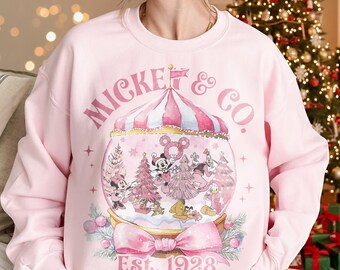 Retro Mickey & Co Pink Christmas On Main Street Sweatshirt, Disney Christmas Shirt, Mickey Minnie Xmas Shirt, Main Street Sleigh Rides Tee