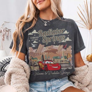 May include: Dark grey t-shirt with a graphic of Radiator Springs, including the text "Radiator Springs California est. 2012" and a cartoon car. The shirt has a vintage, distressed appearance.