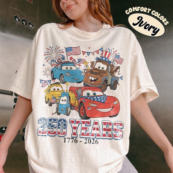 Cars 250 Years Shirt 1776–2026, Patriotic Cars Tee, 4th of July Kids Shirt, Vintage Cartoon Car Independence Day Shirt, Family Matching USA