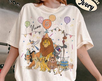 Lion King Birthday Balloon Personalized Name Age Shirt, Custom Disney Simba Timon Pumbaa Birthday Present Gift, Disneyland Family Trip Tee