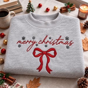 Geborduurd kersttrui met col: Kersttrui met strikdesign, kerstshirt, trui met kwartrits, bijpassende kersttrui voor het hele gezin