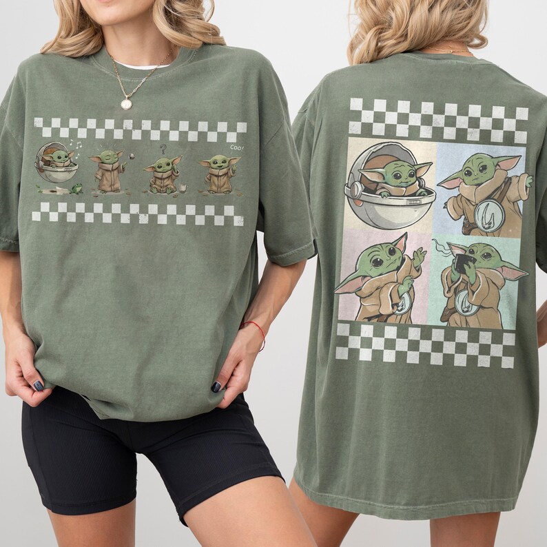 May include: Olive green t-shirt featuring a graphic of a character from a popular science fiction series. The front of the shirt shows the character in various poses with a checkered border. The back of the shirt has a similar design with the character in different scenes.