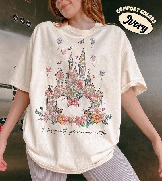 Retro Happiest Place on Earth Shirts, Disney Minnie Mouse Castle Shirt, Disney Castle Floral Tee, Magic Kingdom Family Tee, Disneyland Shirt