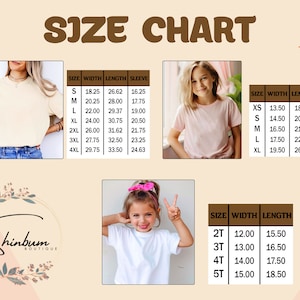 May include: Size chart for t-shirts with measurements in inches. The chart includes sizes XS to 4XL for adults and 2T to 5T for children. The chart shows width, length, and sleeve measurements.