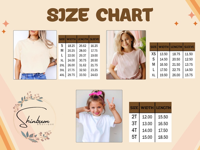 May include: Size chart for t-shirts with measurements in inches. The chart includes sizes XS to 4XL for adults and 2T to 5T for children. The chart shows width, length, and sleeve measurements.