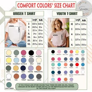 Op de afbeelding: Een Comfort Colors maattabel met twee tabellen voor unisex en jeugd t-shirts met lengte- en breedtematen in inches. Hieronder staan twee rasters met diverse kleurstalen met namen zoals Banana, Bay, Berry, Black en Blossom.