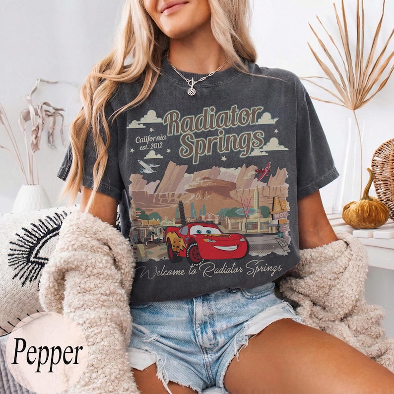 May include: Dark grey t-shirt with a graphic of Radiator Springs, including the text "Radiator Springs California est. 2012" and a cartoon car. The shirt has a vintage, distressed appearance.