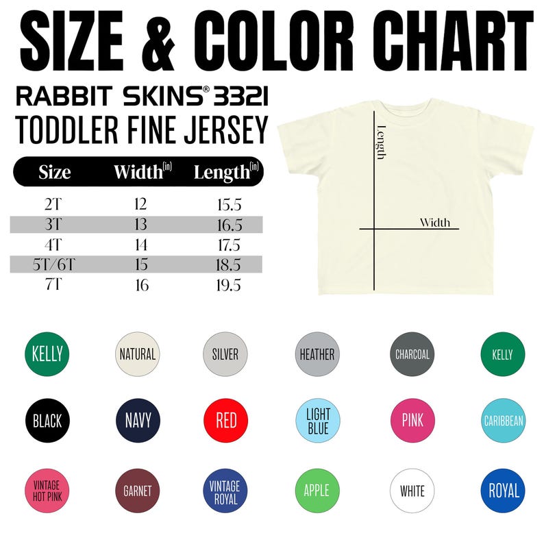 Puede incluir: Una camiseta fina de jersey para ni&ntilde;os peque&ntilde;os de color crema con una tabla de tallas y colores. La tabla enumera las tallas 2T a 7T, con medidas de ancho y largo en pulgadas. Las opciones de color incluyen Kelly, Negro, Marino, Rojo y m&aacute;s.