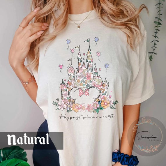 Retro Happiest Place on Earth Shirts, Disney Minnie Mouse Castle Shirt, Disney Castle Floral Tee, Magic Kingdom Family Tee, Disneyland Shirt