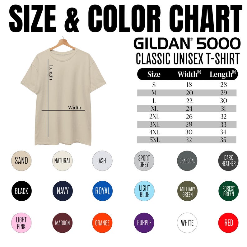 Puede incluir: Una camiseta unisex cl&aacute;sica Gildan 5000 beige con una tabla de tallas y colores. La tabla muestra las tallas S a 5XL con medidas de ancho y largo en pulgadas. Las opciones de color incluyen Arena, Negro, Marino, Real, Azul claro y m&aacute;s.