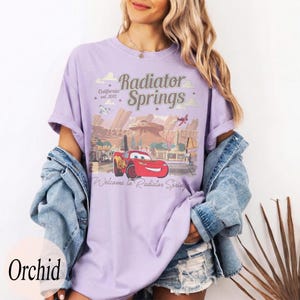 May include: A lilac t-shirt with a graphic of Radiator Springs from the film Cars. The design includes the text "Radiator Springs" and "Welcome to Radiator Spring" with an image of Lightning McQueen. The shirt has a loose fit.