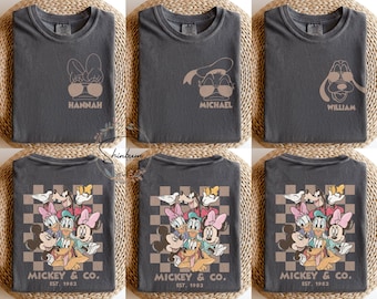 Magliette vintage di Topolino e i suoi amici, maglietta retrò con viaggio a Disneyland, maglietta a scacchi di Topolino, maglietta con scritta "Vacanza in famiglia Disney", magliette Disney personalizzate
