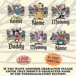 May include: A graphic featuring Disney characters Donald Duck, Pluto, Minnie Mouse, Mickey Mouse, Daisy Duck, and Goofy. Each character is above a word like "name" or "Mommy". Text at the bottom says "All Disney Characters".