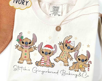 Camiseta navideña retro de Stitch con pan de jengibre, camiseta navideña de Stitch, camiseta de pan de jengibre de Disney, camiseta navideña de Disney, camiseta navideña de Disney