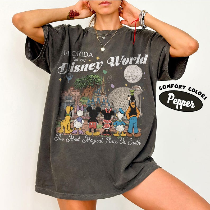 May include: Dark grey t-shirt with a Disney World graphic. The design includes the text "Florida Disney World Est. 1971" and cartoon characters such as Mickey and Minnie Mouse. The shirt also has the text "The Most Magical Place On Earth."