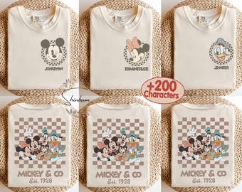 Magliette vintage di Topolino e i suoi amici, maglietta retrò con viaggio a Disneyland, maglietta a scacchi di Topolino, maglietta con scritta "Vacanza in famiglia Disney", magliette Disney personalizzate