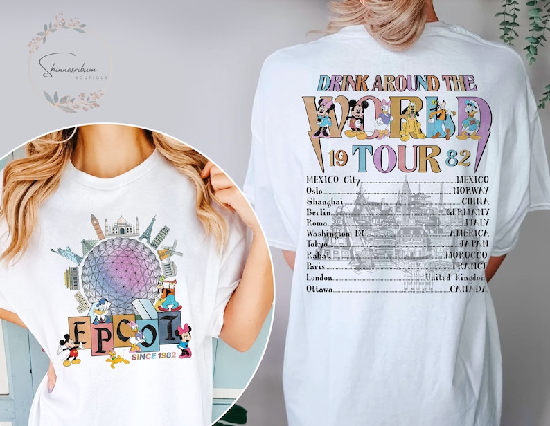 Disney Epcot World Tour Comfort Colors Shirt, Disney Epcot Shirt, Mickey And Friends, Epcot Drink Around the World, Epcot Center 1982 Shirt Biały