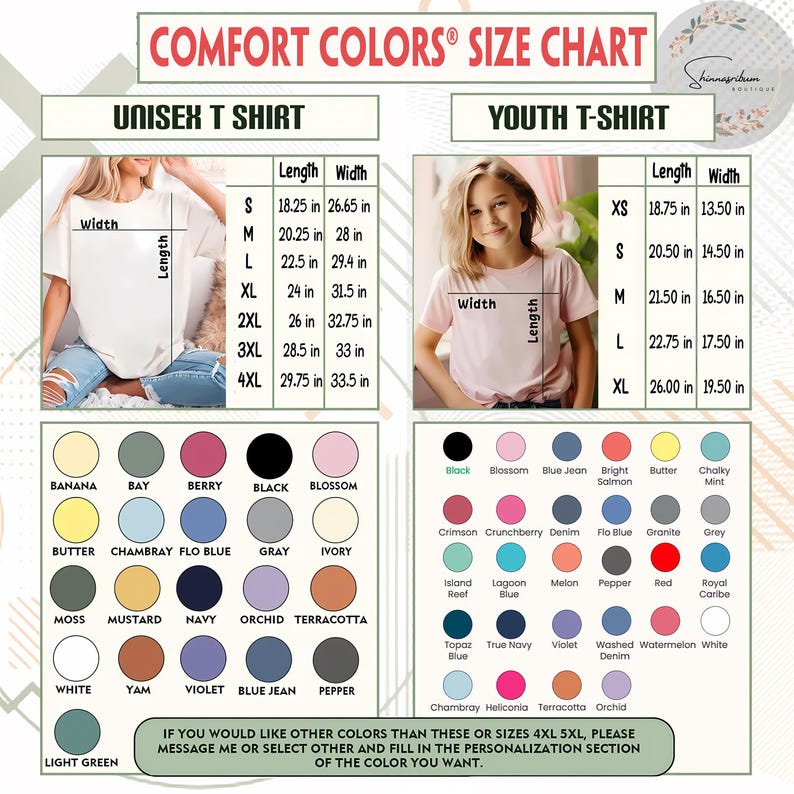 Pu&ograve; includere: Una tabella delle taglie per t-shirt Comfort Colors, con taglie unisex e per bambini. Le misure sono in pollici. Include una tavolozza di colori con opzioni come nero, bacca e blu jeans. La tabella mostra anche la lunghezza e la larghezza delle magliette.