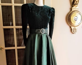 Vintage Green Velvet Holiday Dress Kono NY Studded Buckle Scoop Low Back Iridescent Sateen Skirt
